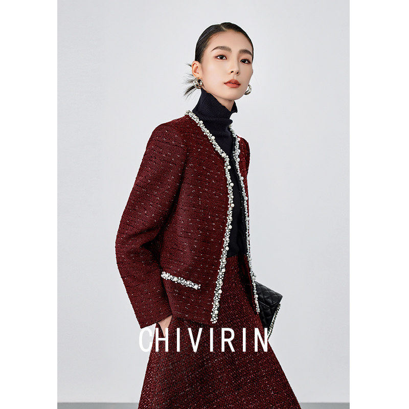 小香风安可拉红短外套女2025年秋冬新款重工钉珠镶钻气质显瘦上衣,女装/女士精品,短外套,淘宝优惠券,粉丝福利购,淘宝优惠卷