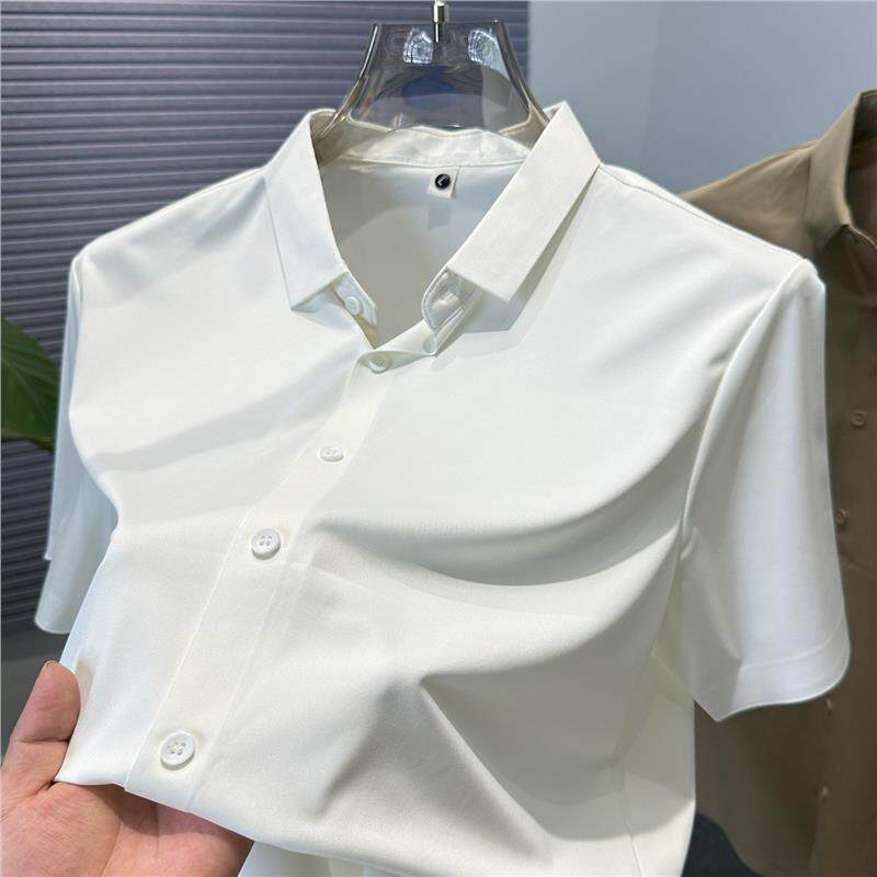 高级感纯色冰丝衬衫男白色短袖夏季男士商务休闲衬衣半袖寸衣上衣