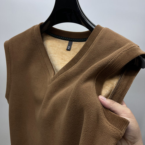 摇粒绒V领马甲爸爸装加绒加厚