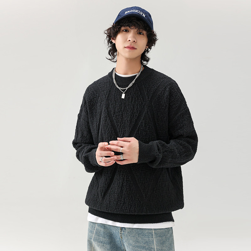 WASSUP ITITIT美式休闲黑色毛衣男款秋冬季宽松百搭圆领针织衫潮