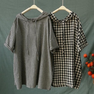 棉麻格子文艺复古带帽t恤衫 上衣 女加肥加大宽松遮肉百搭潮流短袖