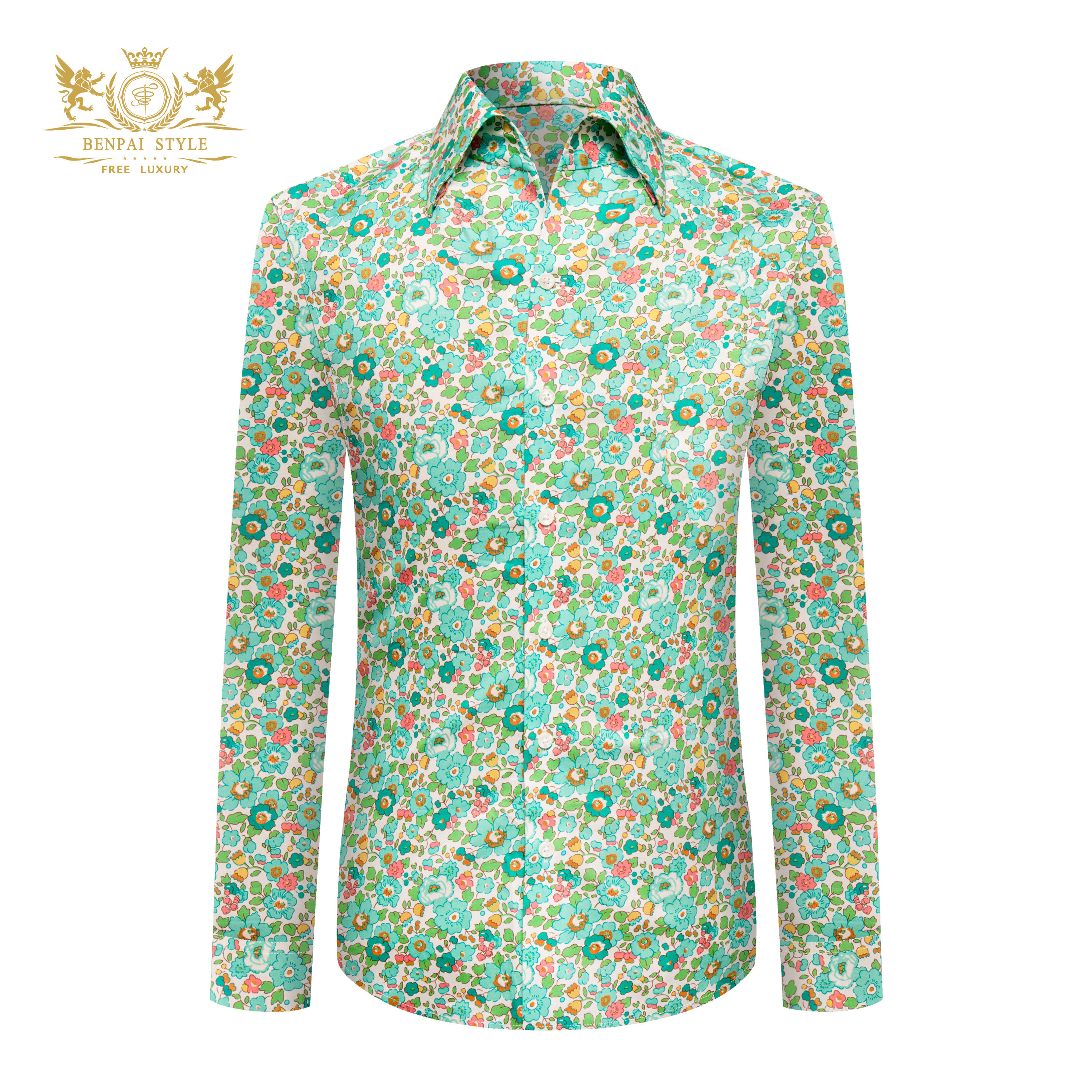 本派意式一片领衬衫男春夏短袖贝奇印花棉质绿色碎花休闲痞帅衬衣