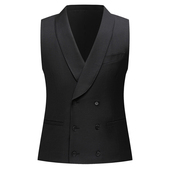 意大利青果领双排扣羊毛西背黑色羊毛背心男 马甲新款 本派男士 西装