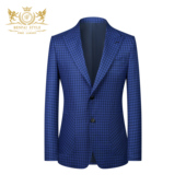 复古蓝色维希格纹戗驳领西装 意式 羊毛混纺三件套 男士 本派西服套装
