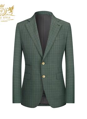 本派苏格兰格纹西服套装高级感单排扣绿色羊毛格子休闲西装外套男