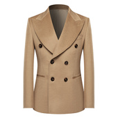 本派双排扣戗驳领羊绒西装 外套男意大利宽驳领卡其色毛呢羊毛西服