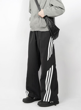 Z POCKET美式嘻哈抽绳运动裤条纹阔腿裤子潮牌男女街舞直筒休闲裤