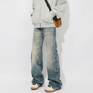 男女 古着直筒宽松阔腿裤 POCKET日系水洗做旧复古cleanfit牛仔裤