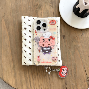 日韩ins情侣款超可爱肥嘟嘟厨师左卫门小猪阿呆吊坠挂件16promax适用iphone15pro圆边双层14手机壳苹果13少女
