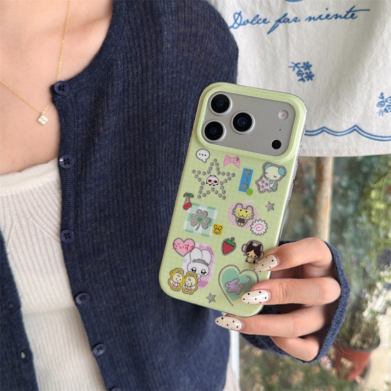 韩风ins可爱童趣卡通公仔图案插画17promax适用iphone16pro双层绿色格纹硬壳14苹果15pro手机壳防摔13少女心
