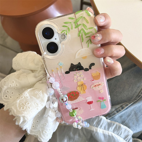 ins双层闪粉餐桌小黑猫手机壳