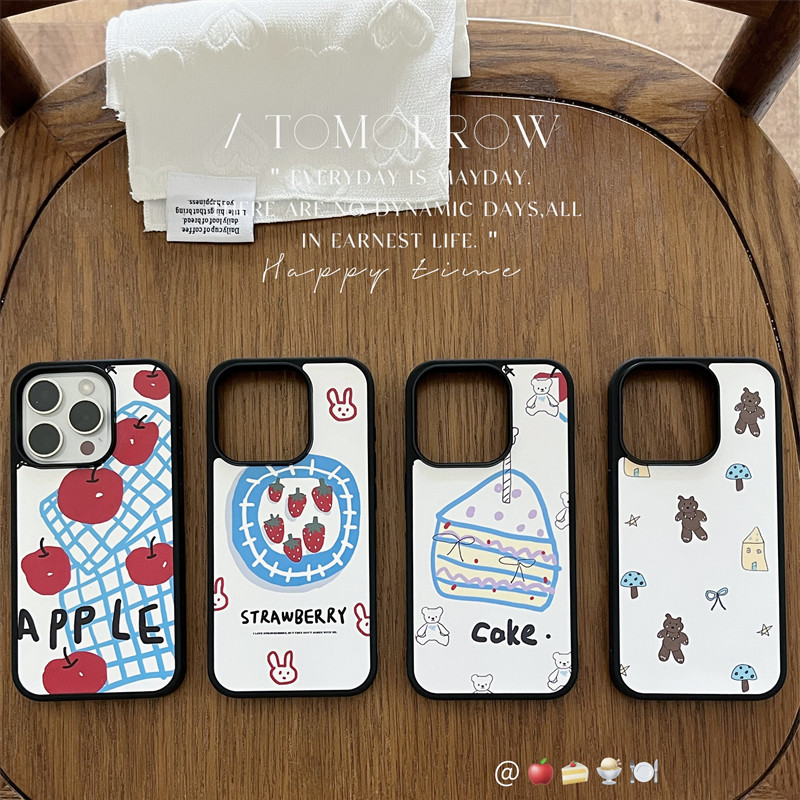 韩国ins小众手绘线条草莓番茄甜品蛋糕小熊蘑菇房子16promax适用iphone15pro黑边菲林14手机壳苹果13硬壳少女