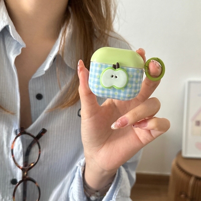 日韩ins可爱小清新立体青苹果拼色格纹挂件airpods1/2代苹果无线蓝牙耳机套pro2新款少女3代保护套4代防摔女