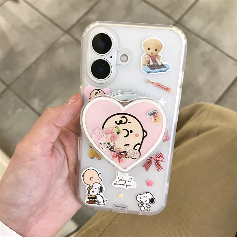 韩风ins可爱少女心粉色爱心查理摇摇乐磁吸支架16promax适用iphone15pro肤感磨砂14手机壳苹果13史努比硬壳女