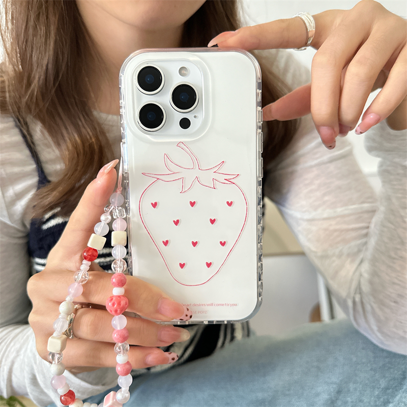 韩风ins小清新简约手绘线条草莓手链16promax适用iphone15pro双层印花14手机壳苹果13硬壳防摔少女心可爱
