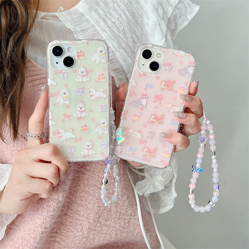 日韩ins卡通可爱少女情侣款猫咪小狗手链17promax适用iphone16pro双层粉色磨砂15plus手机壳14苹果13硬壳防摔