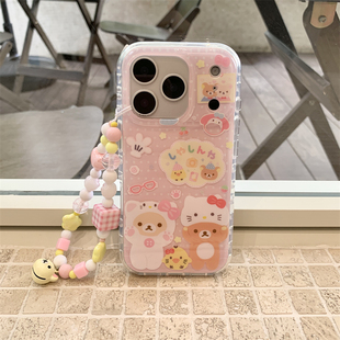 日韩ins小众古早粉色少女波点小熊猫咪换装派对手链17promax适用iphone16圆边双层15手机壳14苹果13硬壳防摔