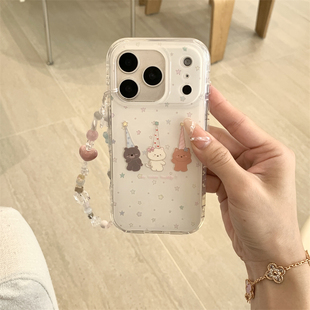 日韩ins可爱奶萌童趣三只长帽星星小猫手链17promax适用iphone16pro圆边双层15手机壳14苹果13硬壳防摔少女心