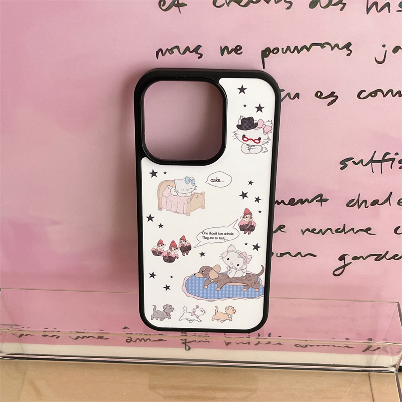 韩风ins可爱趣味搞怪少女心卡通腊肠狗猫咪插画16promax适用iphone15pro黑边菲林亚克力14手机壳苹果13硬壳女
