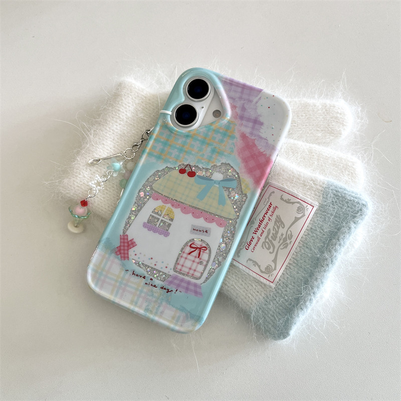 日韩ins小众高级感少女小清新绿色闪粉小房子手链16promax适用iphone15pro双层印花14手机壳苹果13保护套硬壳