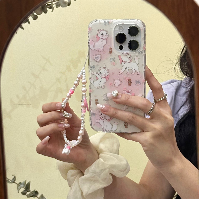 ins可爱少女心晕染粉色蝴蝶结玛丽猫15promax适用iPhone14苹果13pro双层印花12手机壳玛丽猫手链挂绳硬壳女款