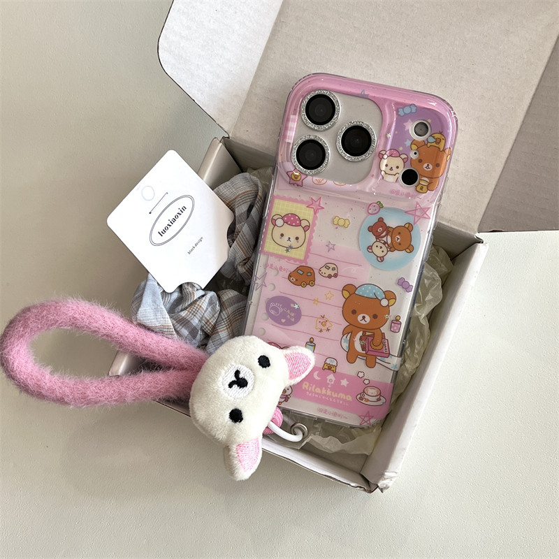 日韩ins卡通可爱少女心粉色日记本小熊毛绒挂绳17promax适用iphone16pro双层印花15手机壳14苹果13硬壳防摔