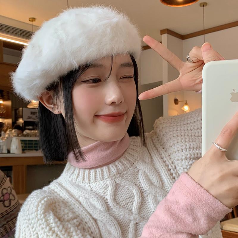 白色兔毛贝雷帽女秋冬季韩版显脸小毛绒蓓蕾画家帽日系大头围帽子