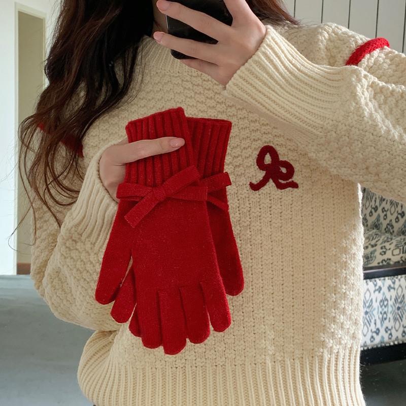 红色针织手套女秋冬季蝴蝶结骑行可触屏针织防寒圣诞保暖毛线手套