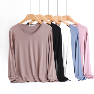 内搭打底衫 莫代尔长袖 秋衣显瘦薄款 韩版 V领上衣 t恤女初秋2022新款