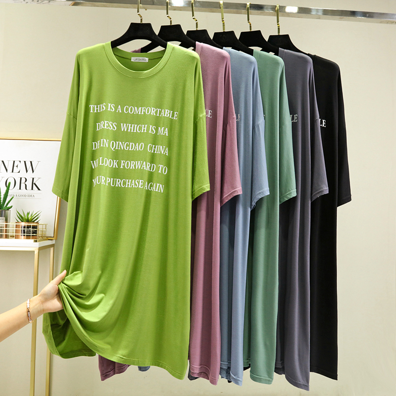 莫代尔短袖睡裙女大码字母连衣裙