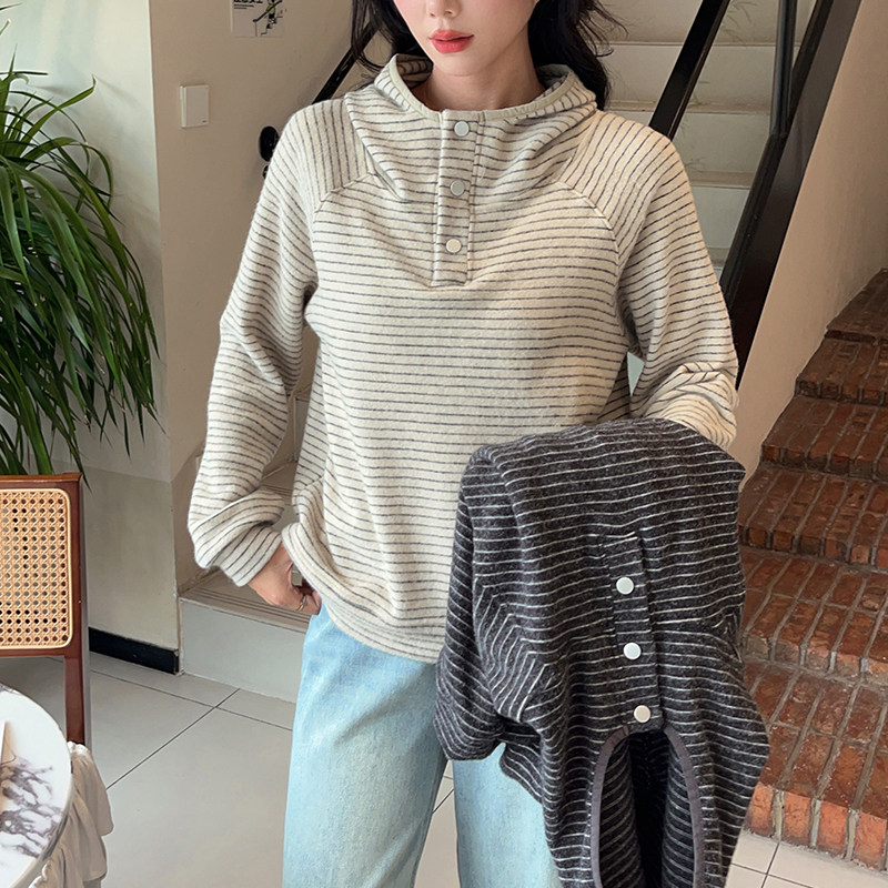 立领双面德绒连帽卫衣女条纹上衣