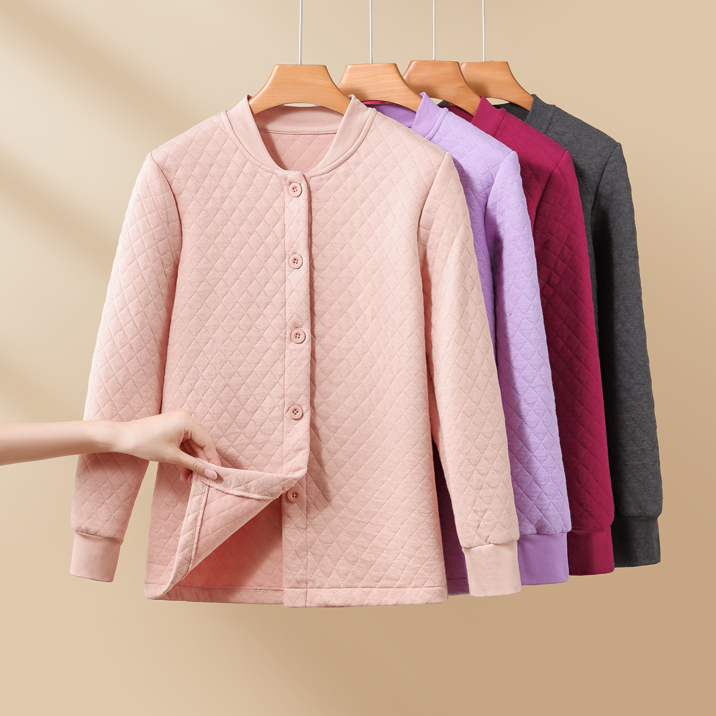 女士立领保暖开衫加厚纹夹棉上衣中老年妈妈防寒外套对襟小棉袄冬