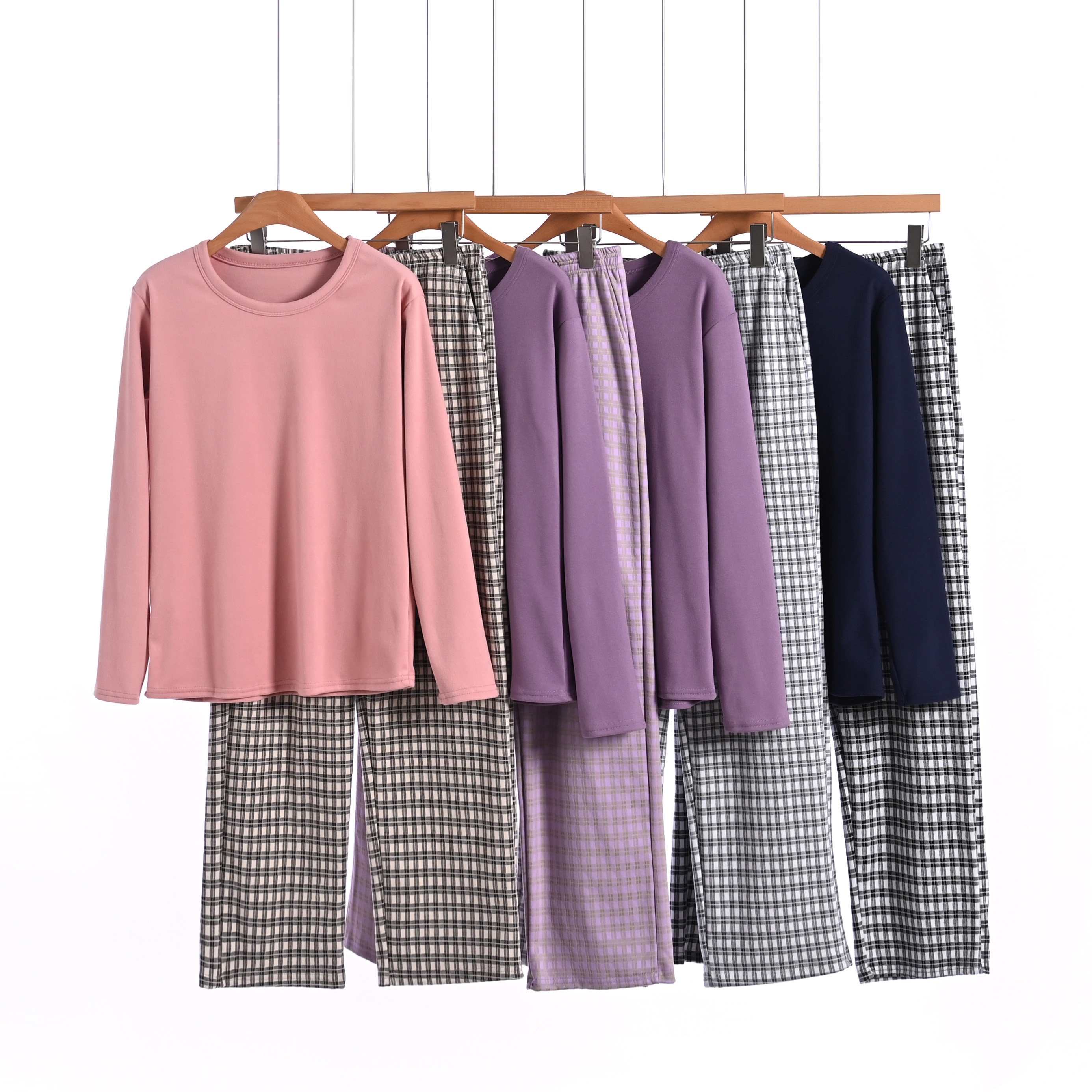 加厚休闲风长袖格子家居服套装女