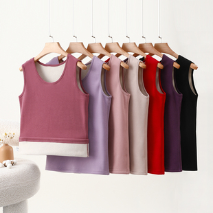 加绒加厚羊羔绒保暖背心女秋冬大码 防寒发热内穿打底上衣女士马甲