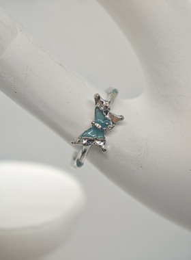 清仓特惠小众梦幻蓝蝶戒指女开口可调节夜光蝴蝶氛围感合金指环