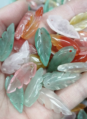 天然石雕刻树叶坠子10*25mm绿东陵粉晶绿东陵白红玛瑙手工配件diy