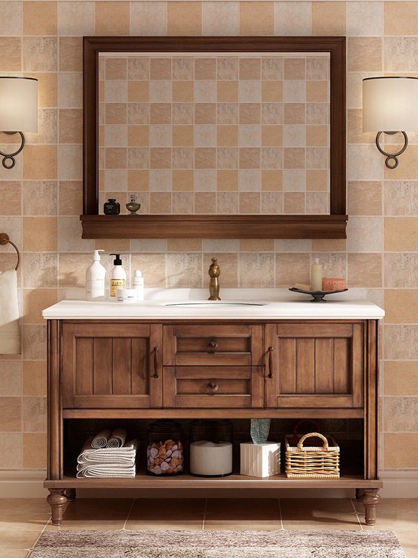 卫浴欧式美式橡木浴室柜组合落地式洗脸洗手盆池实木洗漱台卫生间