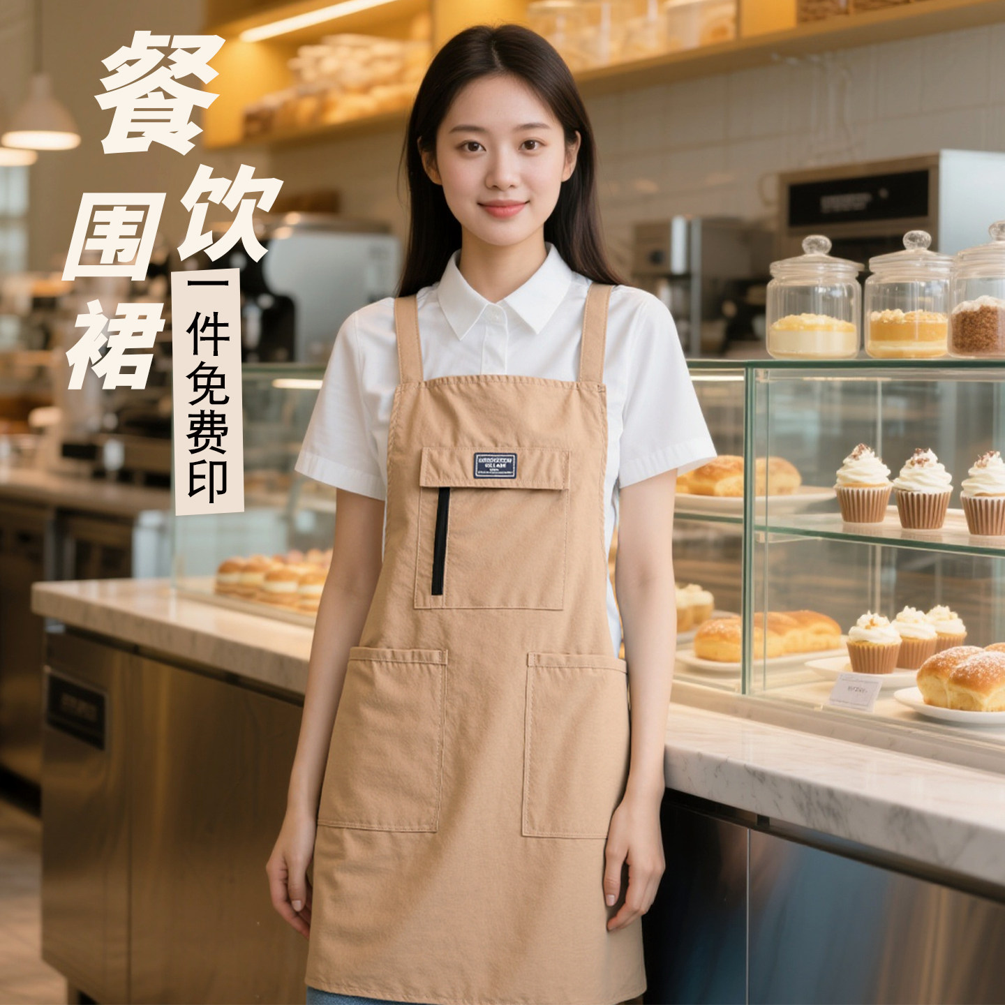 新款围裙厨房做饭防泼水时尚围腰男女款餐饮饭店多口袋工作服防污