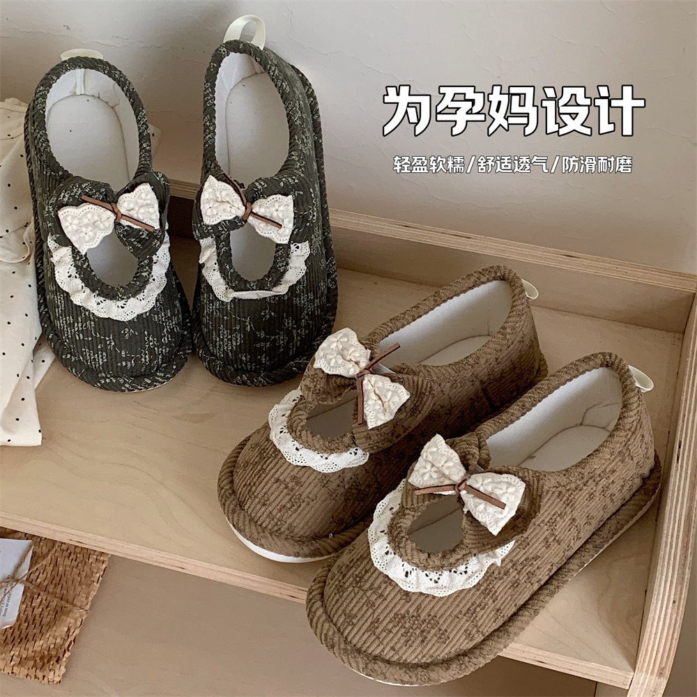 复古蕾丝蝴蝶结孕妇居家月子鞋