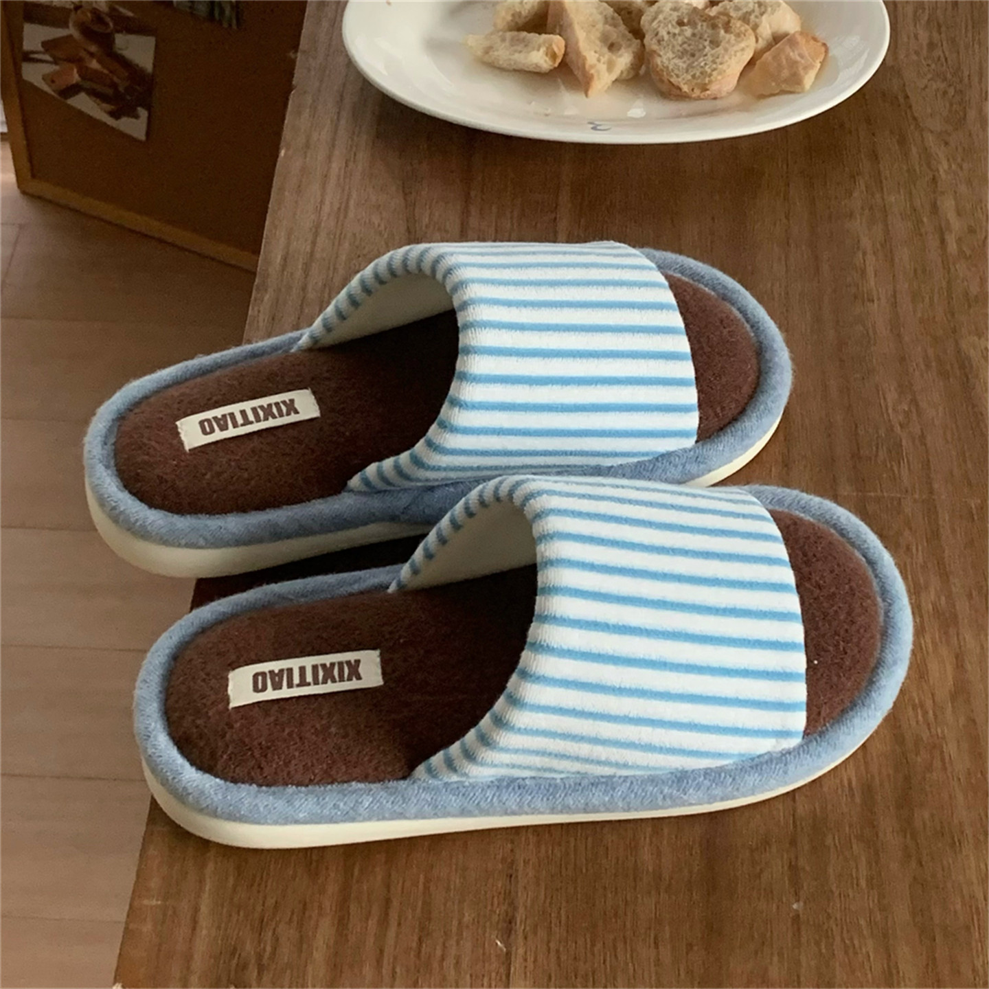 一字秋冬男女ins防滑日系棉麻居家棉拖鞋情侣复古撞色条纹地板鞋