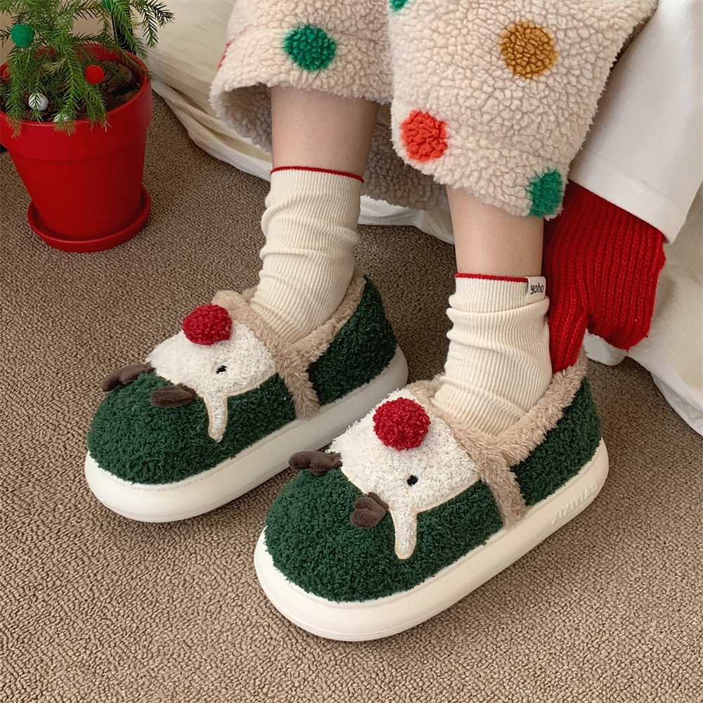 情侣趣味可爱圣诞麋鹿毛绒棉拖鞋