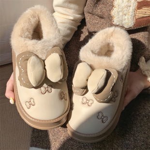 拼色雪地靴女网红外穿时尚防滑防水pu皮冬季少女心蝴蝶结短筒棉靴