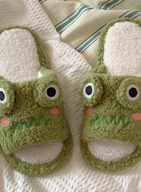 情侣保暖可爱青蛙棉拖鞋女冬季舒适居家用防滑踩屎感月子软底鞋男