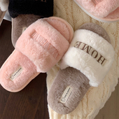 ins韩系刺绣一字棉拖鞋 女 百搭室内外保暖防滑居家鞋 冬季 网红时尚