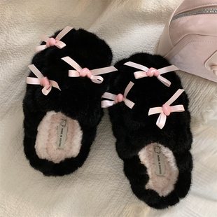 甜美爱心蝴蝶结少女心棉拖鞋 女新款 冬季 舒适防滑居家保暖毛毛拖鞋