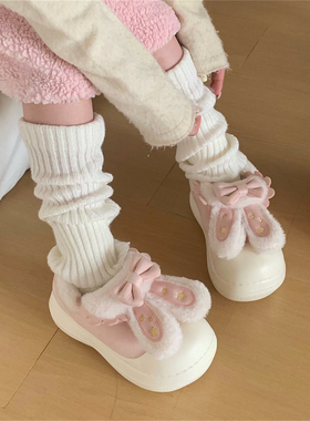厚底lo棉鞋防滑少女心可爱兔耳朵保暖外穿加绒冬季百搭ins面包鞋