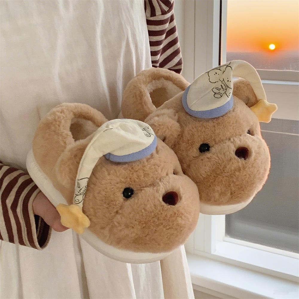 保暖防滑可爱软萌睡帽小熊棉拖鞋