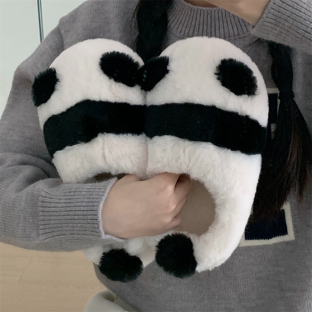 保暖可爱熊猫亲子冬季家用软底包头毛绒绒鞋防滑女士月子鞋棉拖鞋