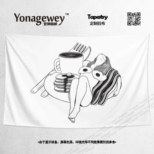 简约黑白甜酷性感少女简笔画宿舍墙布装 日式 饰背景布海报挂布挂毯