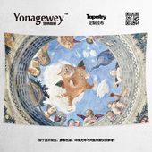 超现实主义猫插画恶搞古典文艺复兴名画蒙娜丽莎装 饰背景墙布挂布